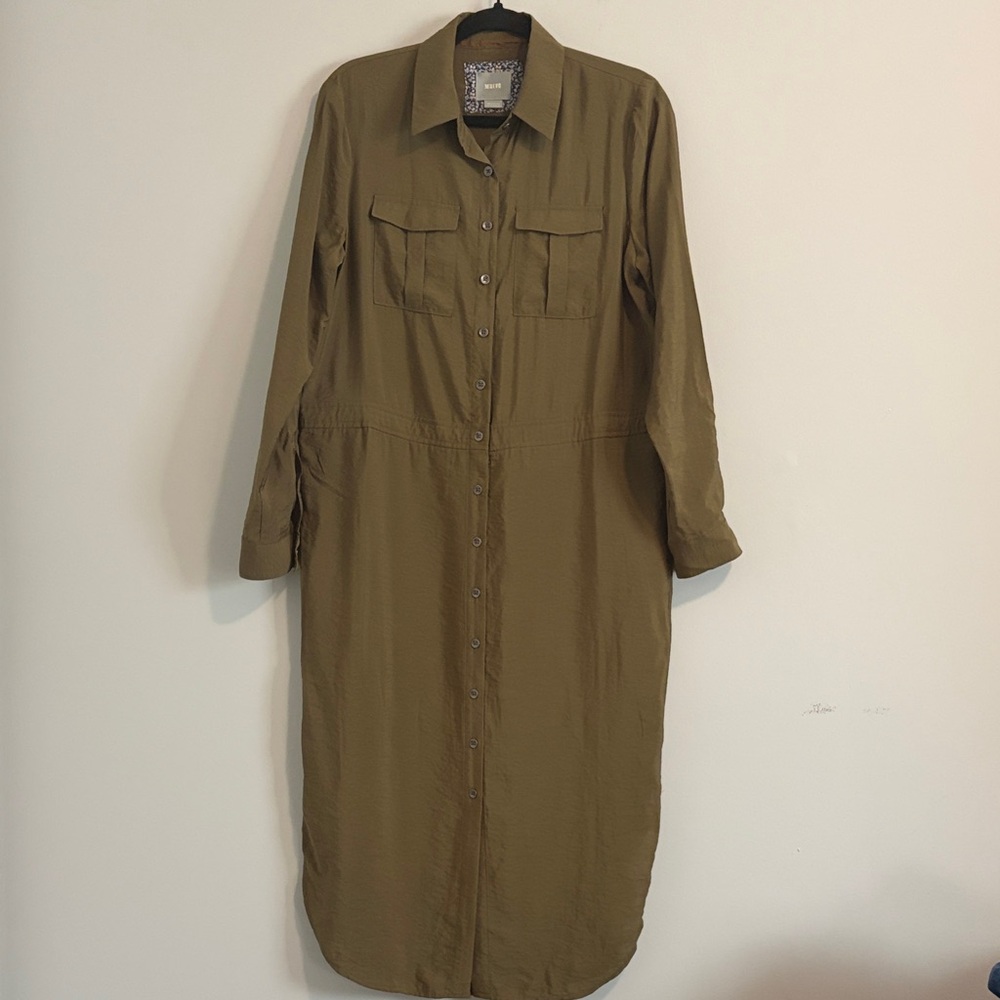 Maeve Olive Green Utility Shirt Dress Button Down‎ Drawstring Midi